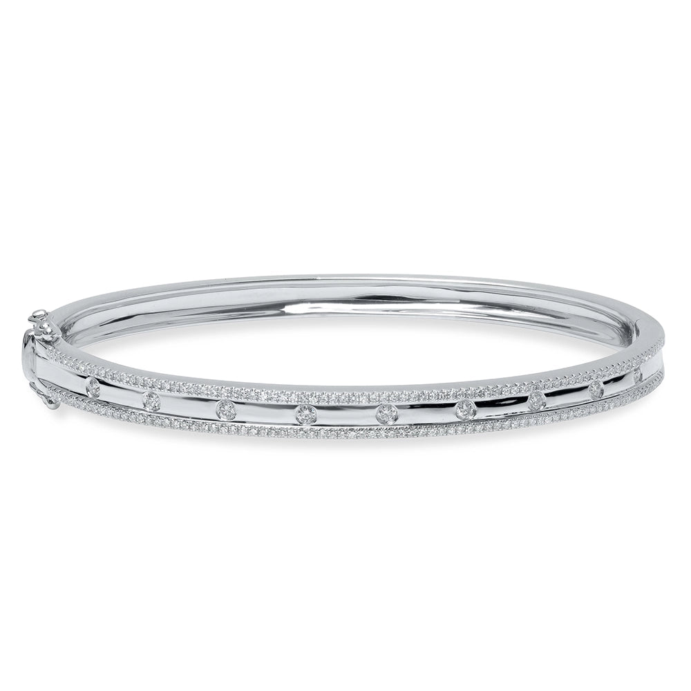 14K White Gold Clasp Bangle w/9 Flush Set Diamonds in Center & Prong Set Diamonds on Edge