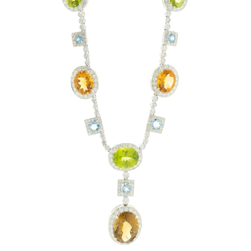 minimalist cuff bracelet adjustable 18 Karat White Gold Peridot, Citrine, Blue Topaz, and Diamond Drop Necklace