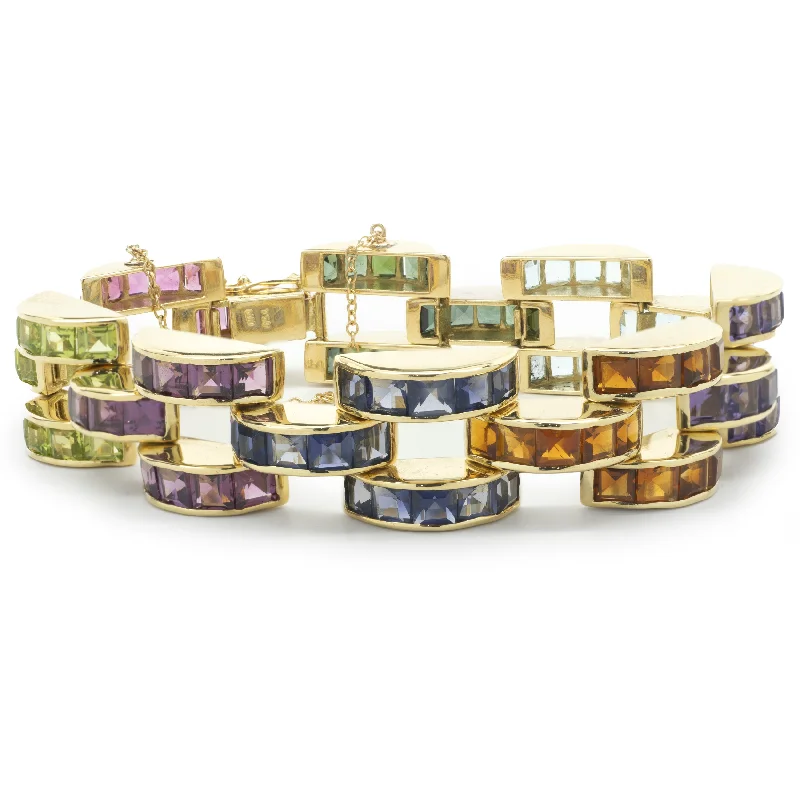 18 Karat Yellow Gold Multi Gemstone Buckle Link Bracelet