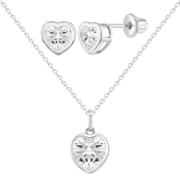 fine silver herringbone necklace CZ Heart Jewelry Set