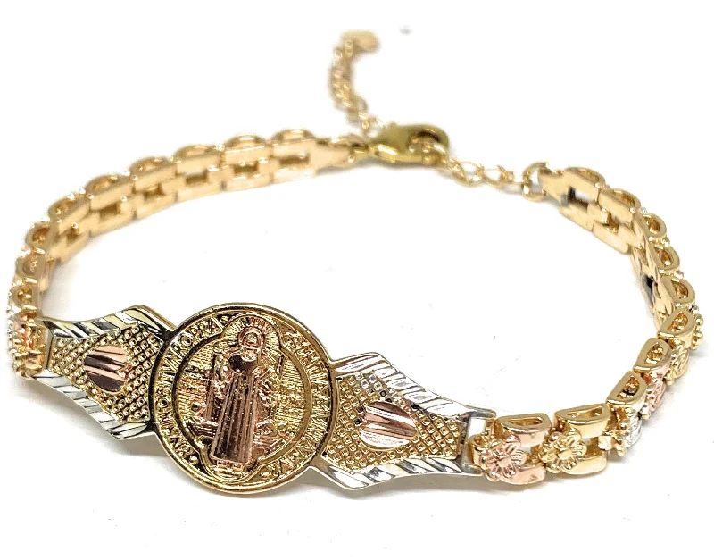 Gold Plated Tri-Color Saint Benedict Bracelet San Benito Pulsera  Oro Laminado 8"