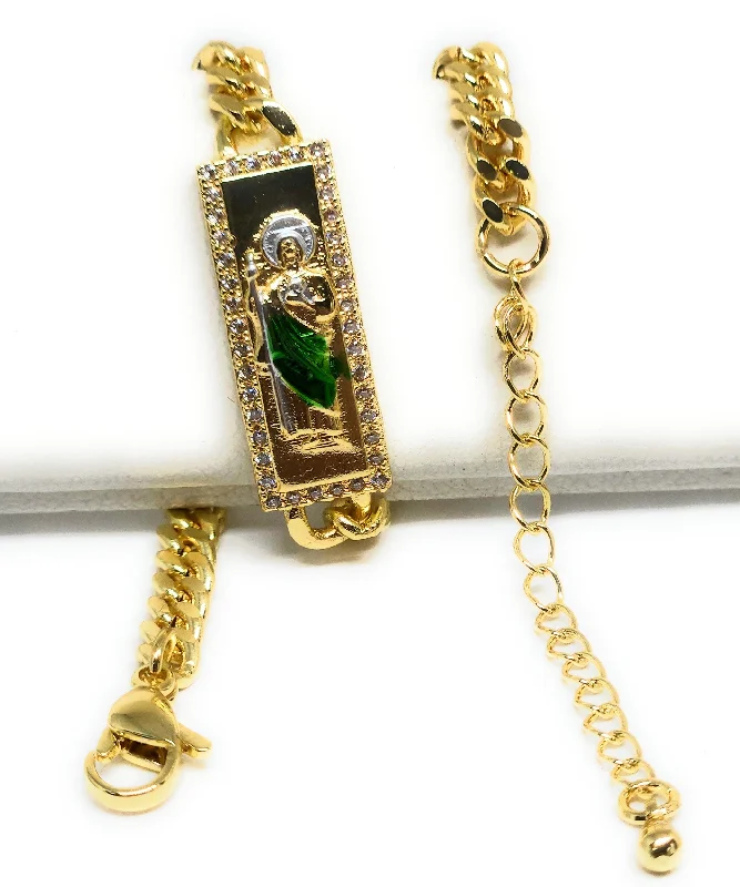 Gold Plated GREEN Saint Jude MIAMI CUBAN LINK Bracelet San Judas Esclava 7-8.5" 4.5MM