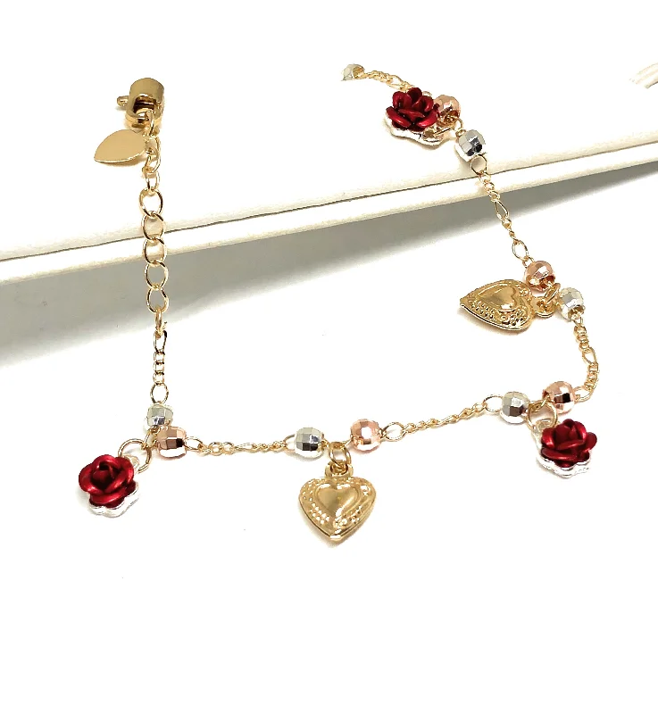 antique filigree wedding band Gold Plated Heart Rose Tri-Color Bracelet 9”