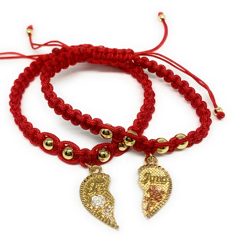 Gold Plated Tri-Color "Te Amo" Heart Flower Split Pendant HAND BRAIDED ADJUSTABLE TWO BRACELET SET 7.5”