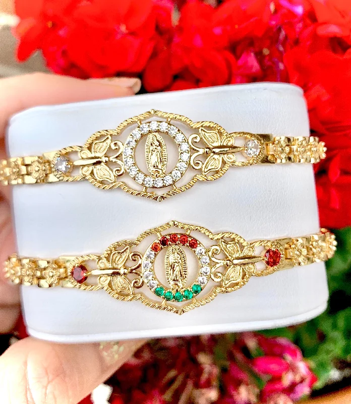 Gold Plated Round Virgin Mary Butterfly Bracelet Virgen De Guadalupe Pulsera  8"