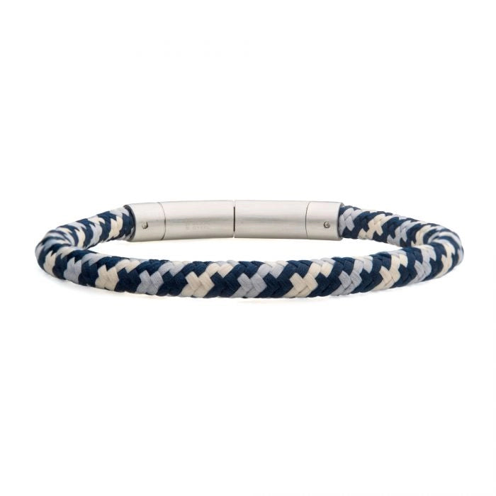 Inox 6mm Stainless Steel and Blue, Grey and Beige Nylon Cord Clasped Bracelet