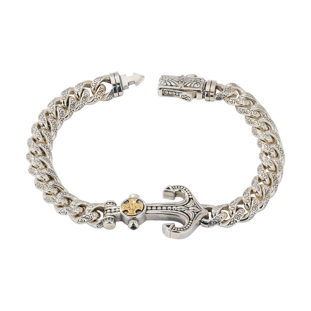 Konstantino Mens Laconia Silver and 18K Gold Black Spinel Link Anchor Bracelet