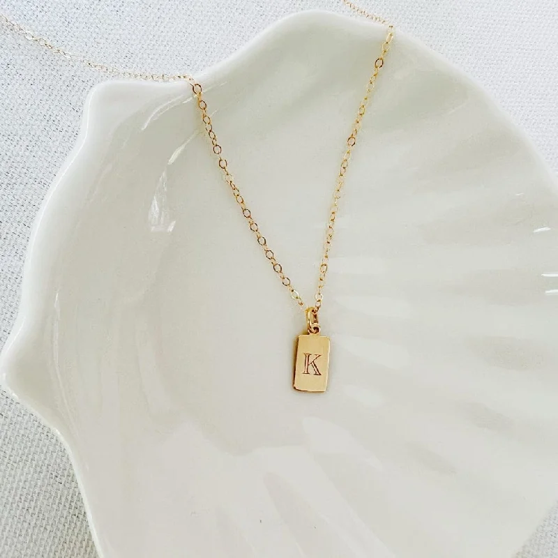 gold bar earrings minimalist Engraved Mini Initial Tag Necklace Gold Filled