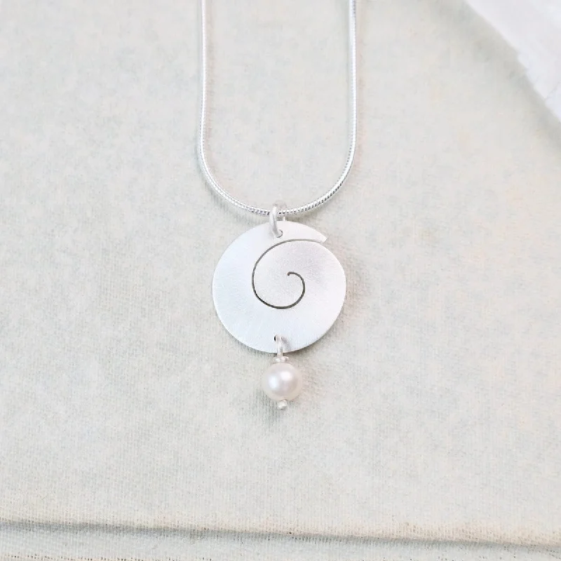 custom engraved wedding band Swirl Pendant with Pearl Drop Necklace