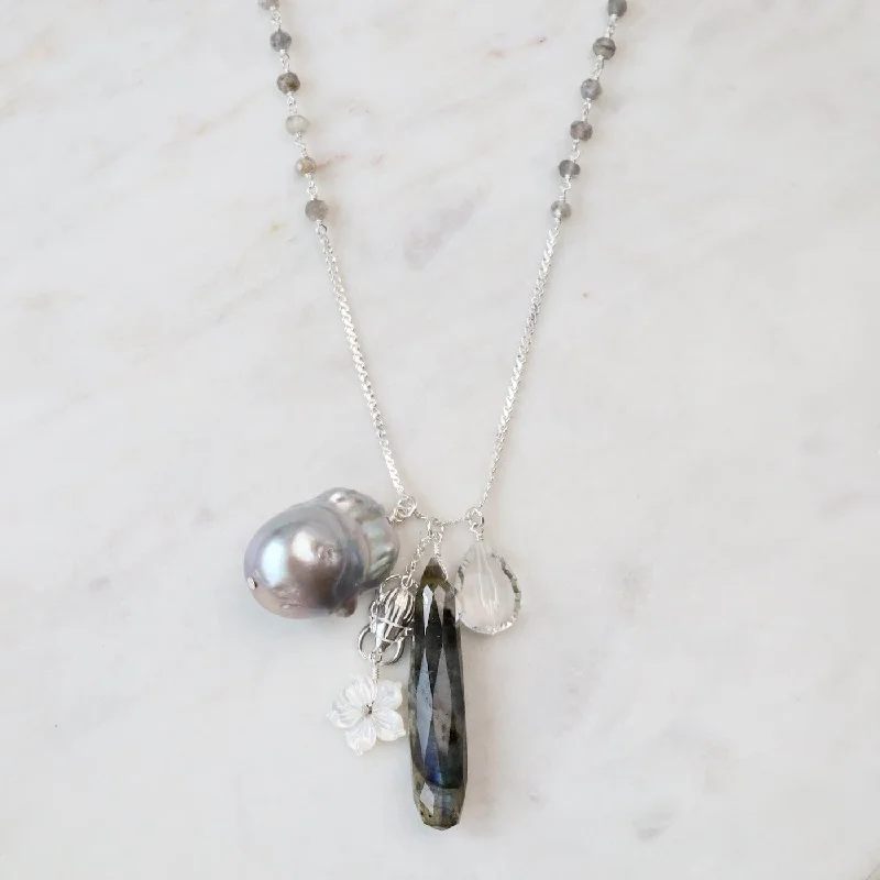 Long Labradorite & Pearl Charm Necklace