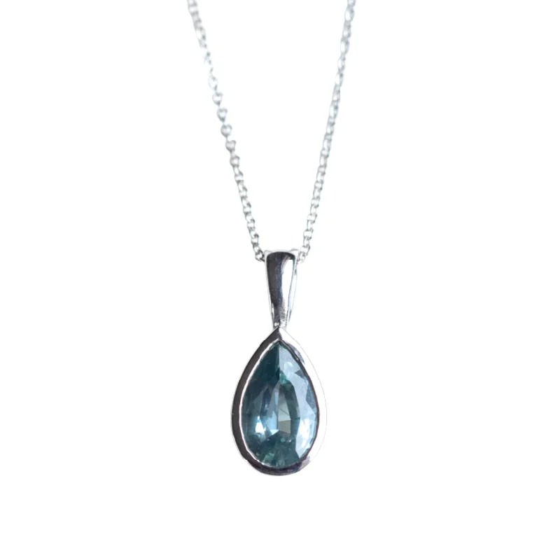 round-cut blue sapphire earrings 2.22ct Pear Tanzanian Sapphire, Grey Blue, Bezel Set Necklace In 14k White Gold round-cut blue sapphire earrings 2.22ct Pear Tanzanian Sapphire, Grey Blue, Bezel Set Necklace In 14k White Gold