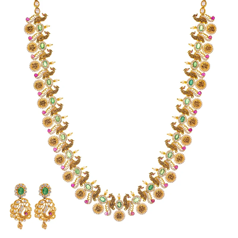simple snake chain necklace 22K Gold & Gemstone Long Kasu Necklace Set (85.5gm)