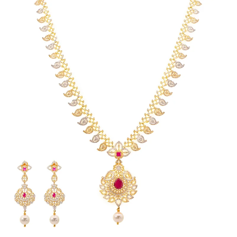 personalized gemstone pendant necklace 22K Gold, Ruby, & Pearls Veena Jewelry Set (101.8gm)