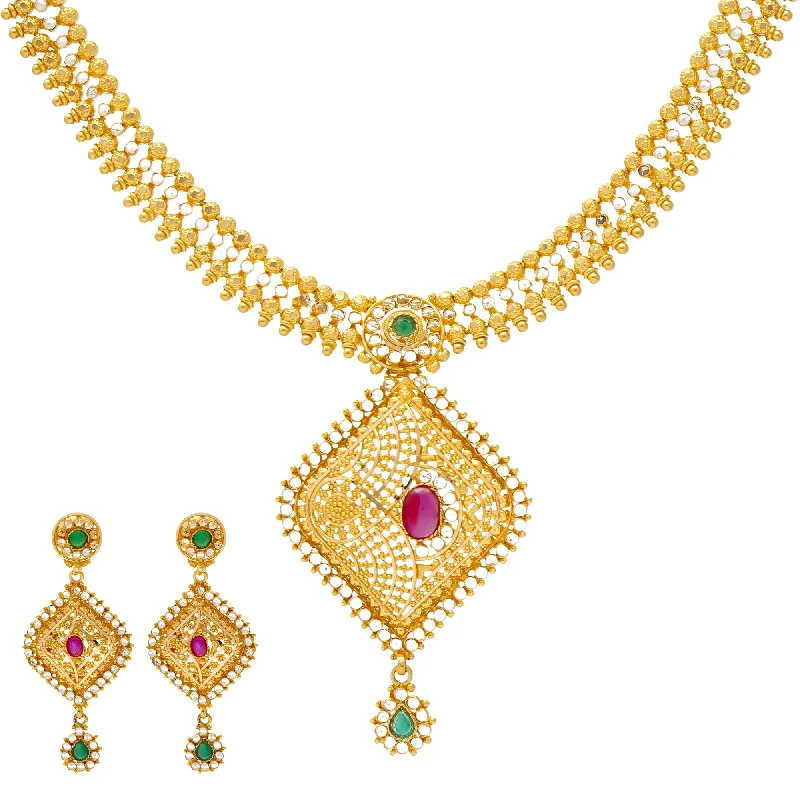handcrafted sterling silver necklace 22K Yellow Gold, Emerald, & Ruby Jewelry Set (55.7gm)