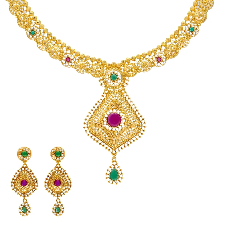 dainty birthstone ring for women 22K Yellow Gold, Emerald, & Ruby Jewelry Set (58.5gm)