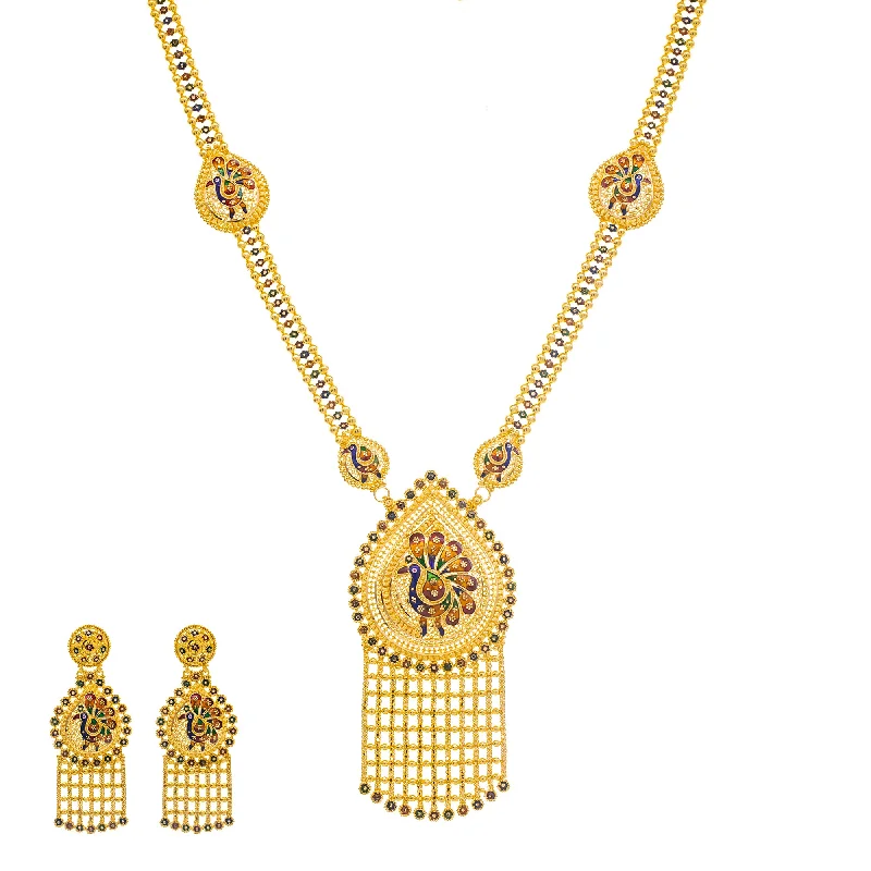 handmade leather pendant necklace 22K Yellow Gold & Enamel Peacock Long Necklace Set (104.4gm)