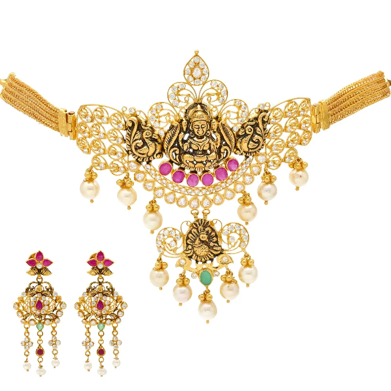 handcrafted gemstone ring women 22k Yellow Gold Laxmi Temple Jewelry Set (55.5gm)