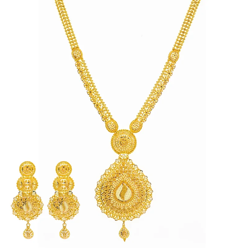 elegant pearl necklace with diamonds 22K Yellow Gold Long Filigree Necklace Set (92.2gm) elegant pearl necklace with diamonds 22K Yellow Gold Long Filigree Necklace Set (92.2gm)
