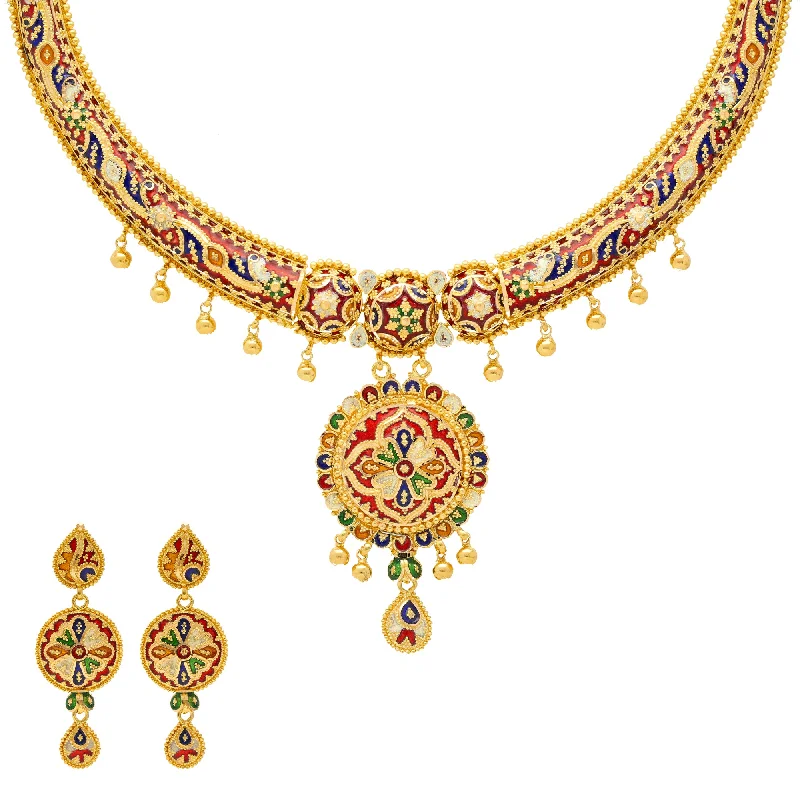 aquamarine birthstone necklace March 22K Yellow Gold Meenakari Jewelry Set (67.8gm)