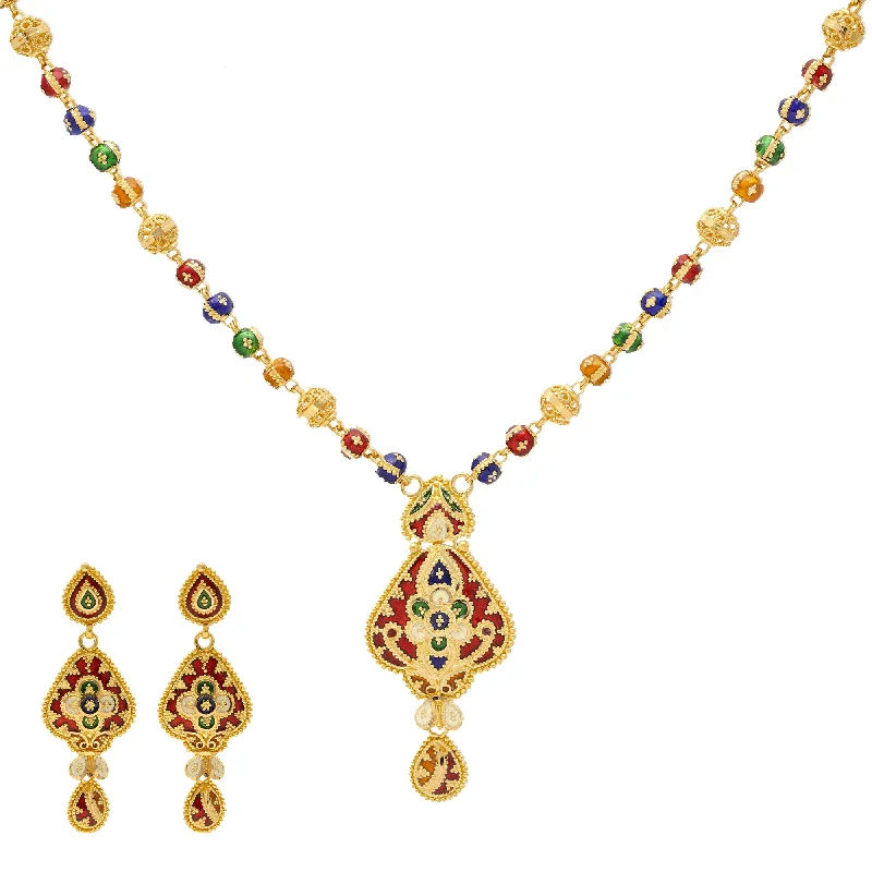 handmade leather ring 22K Yellow Gold Meenakari Pendant Set (31.5gm)