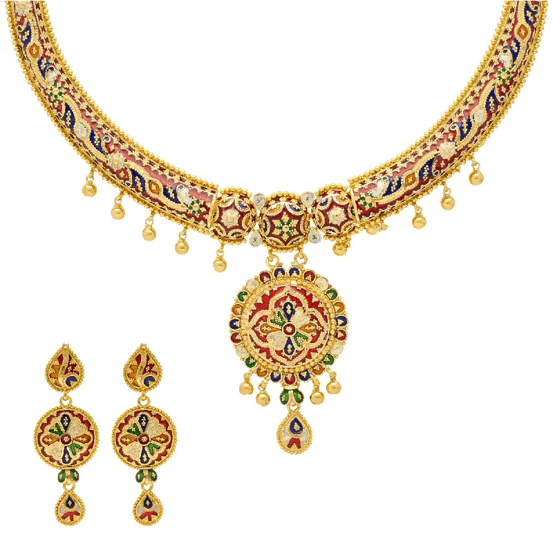 classic silver pearl earrings 22K Yellow Gold Meenakari Pendant Set (67.8gm)
