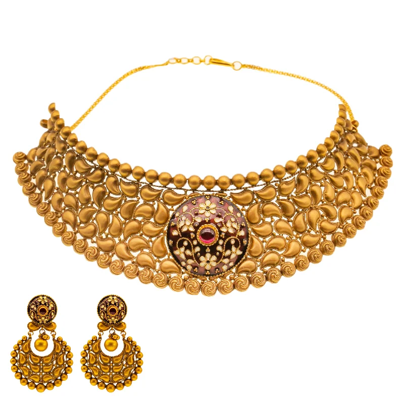 handcrafted turquoise necklace 22K Yellow Gold Prisha Choker Necklace Set (69.3gm)
