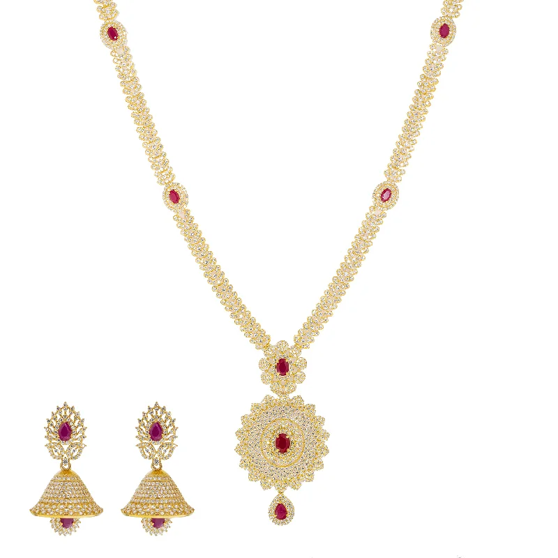 emerald cut diamond earrings 22K Yellow Gold, Ruby & CZ Jewelry Set (98.96gm)