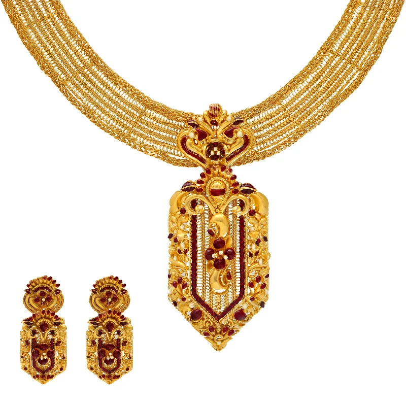 dainty gemstone chain bracelet 22K Yellow Gold & Ruby Filigree Jewelry Set (110.4gm)