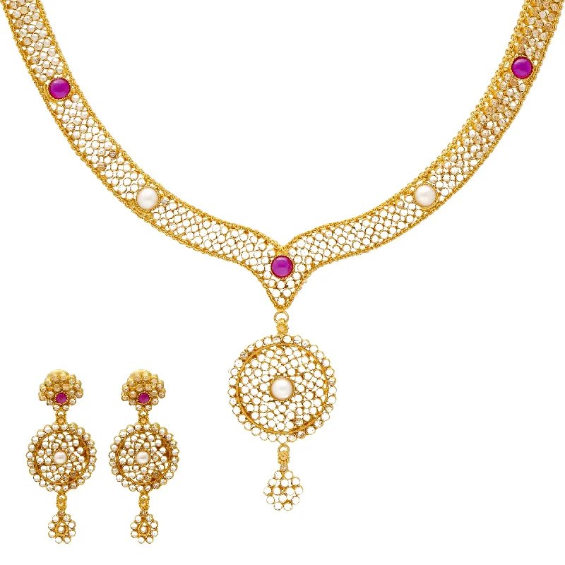 dainty rose gold anklet 22K Yellow Gold V Shaped Polki Necklace Set with Pearls (54.7gm)
