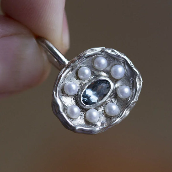 simple turquoise stud earrings Blue Spinel and Pearl Necklace -  Victorian Inspired Pendant Seed Pearls and Spinel- Hand Carved Setting in 10k White Gold by Anueva Jewelry