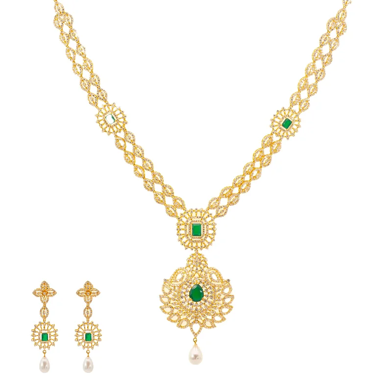 crystal-studded gold ring Jaya Jewelry Set w/ 22K Yellow Gold & Emeralds (77.8gm)