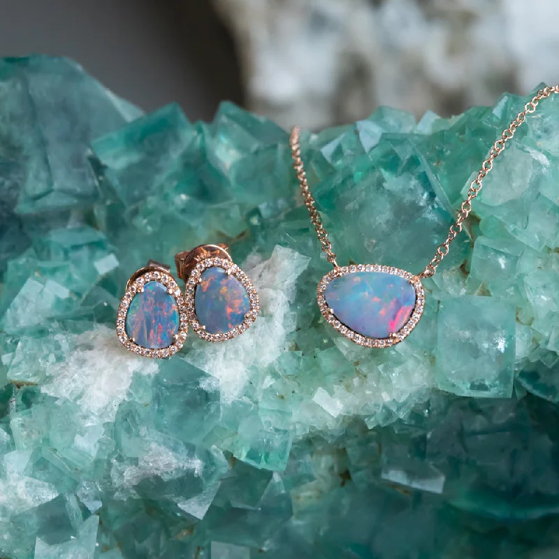 vintage filigree engagement ring Opal and Diamond Halo Earrings and Necklace 14k Rose Set- Set D vintage filigree engagement ring Opal and Diamond Halo Earrings and Necklace 14k Rose Set- Set D