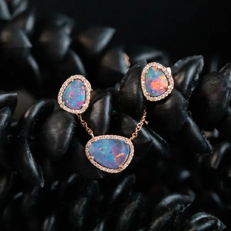 unique moon phase ring Opal and Diamond Halo Earrings and Necklace 14k Rose Set- Set E unique moon phase ring Opal and Diamond Halo Earrings and Necklace 14k Rose Set- Set E