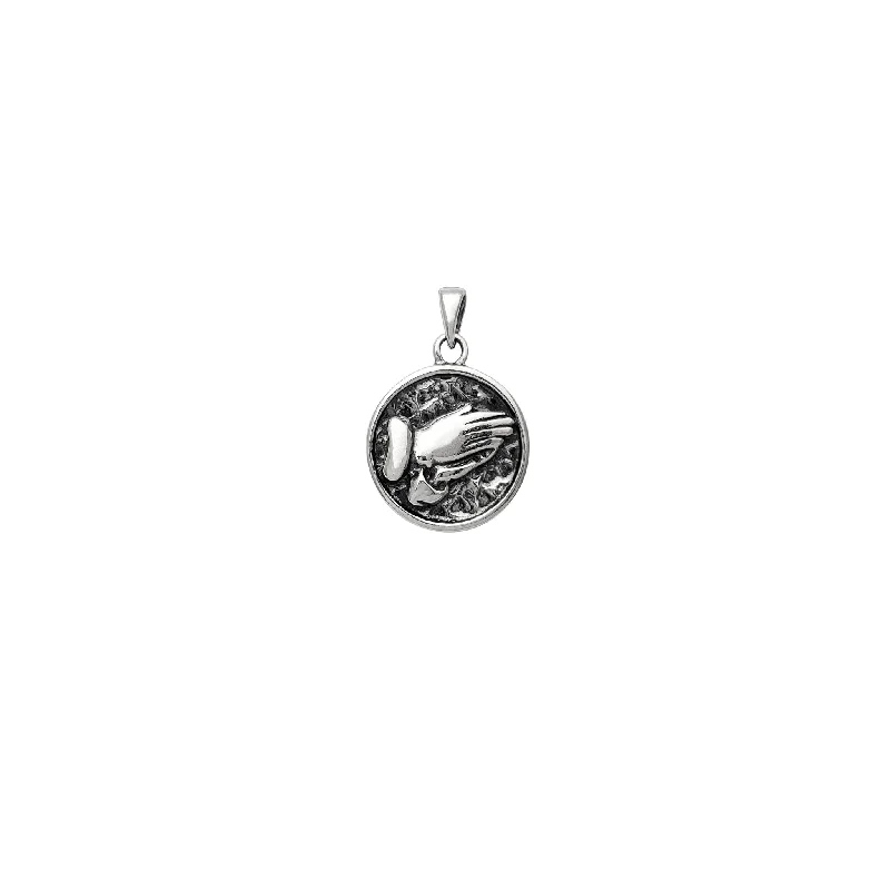 natural crystal pendant necklace Antique-Finish Praying Hand Medallion Pendant (Silver)