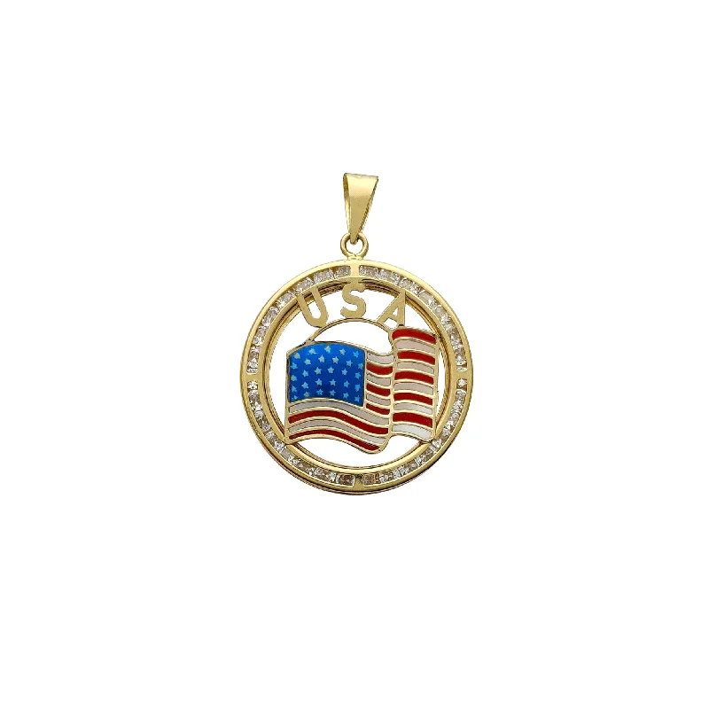 gold initial bracelet personalized Channel Setting U.S.A Flag Medallion Pendant (14K)