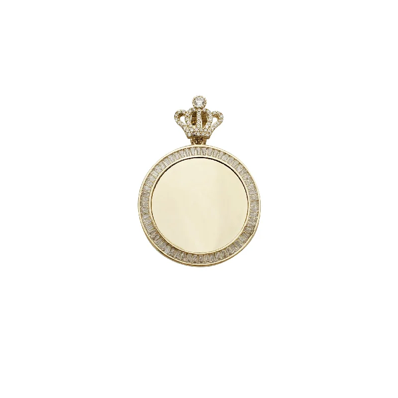 men’s leather and silver bracelet Crown Bail Round Picture CZ Pendant (14K)