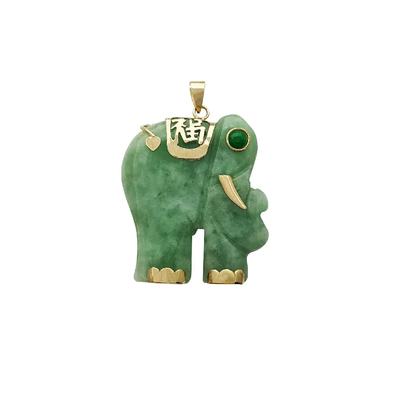 fine silver herringbone necklace Green-Eye "Fortune & Happiness" Ornament Elephant Jade Pendant (14K)