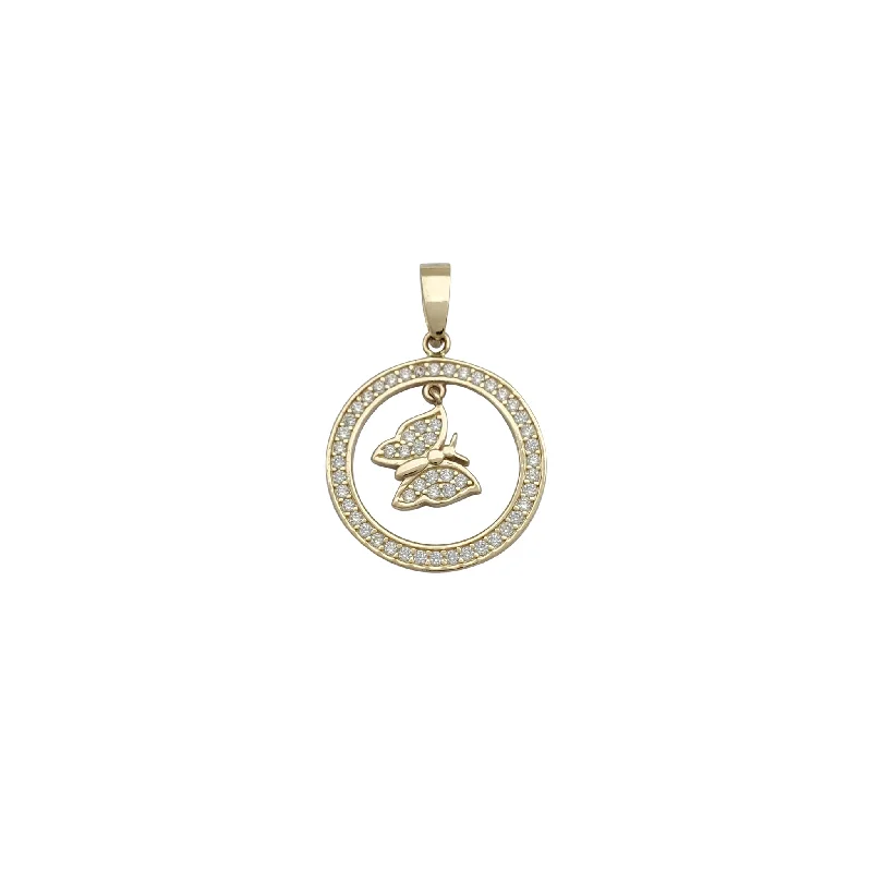 tiny gold huggie hoops Hanging Butterfly Round CZ Pendant (14K)