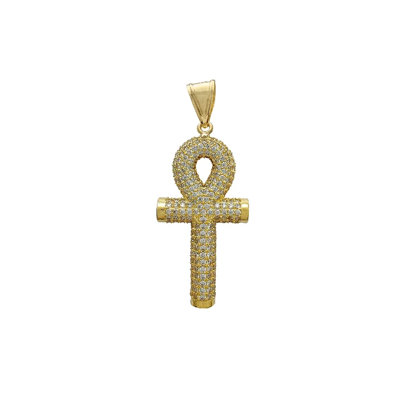 dainty feather charm necklace Iced-Out Puffy Mesh-Back Ankh Pendant (14K)