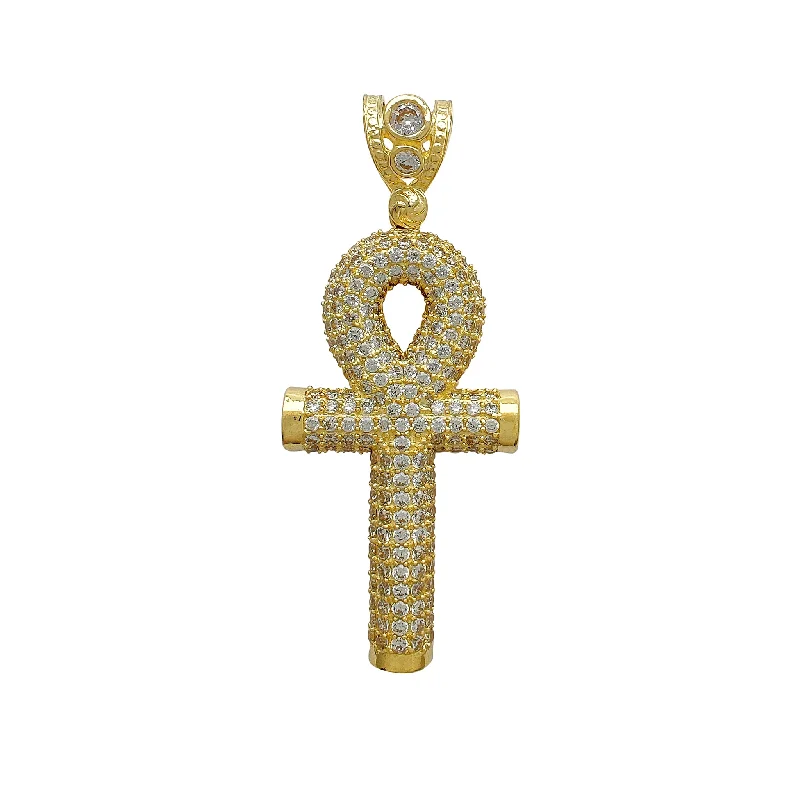 gold and turquoise statement ring Iced-Out Puffy Mesh-Back Ankh Pendant (14K)