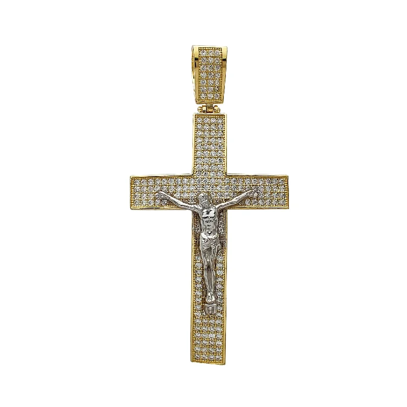 real diamond solitaire ring Iced-Out Semi-Convex Crucifix Pendant (14K)
