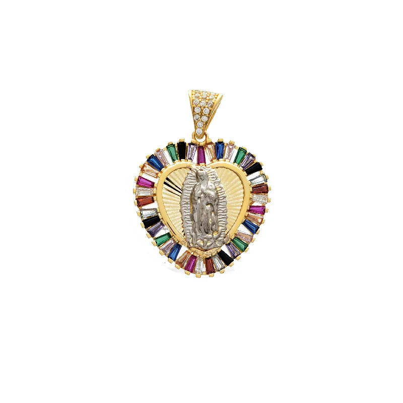 handcrafted silver cross pendant Multi-Color Baguette Frame Heart Virgin Guadalupe Pendant (14K)
