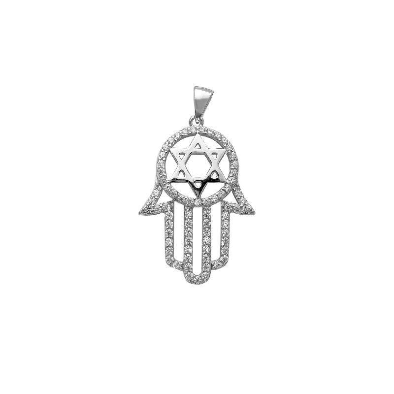 unique square diamond ring Pave Star of David Hamsa Hand Pendant (Silver)