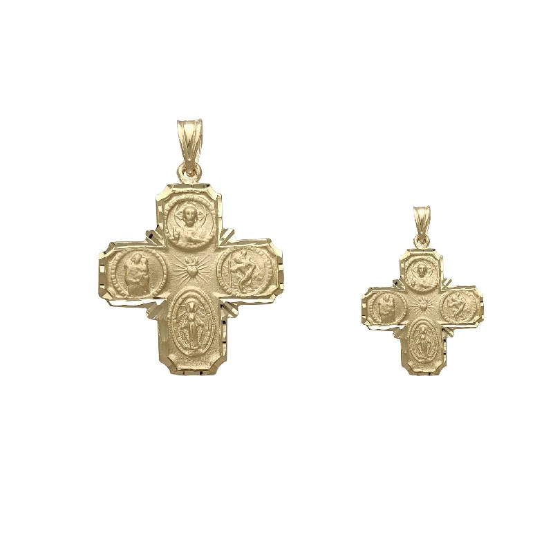 celestial sunburst necklace gold [Diamond-Cuts] Reversible Saints Catholic Cross Pendant (14K)