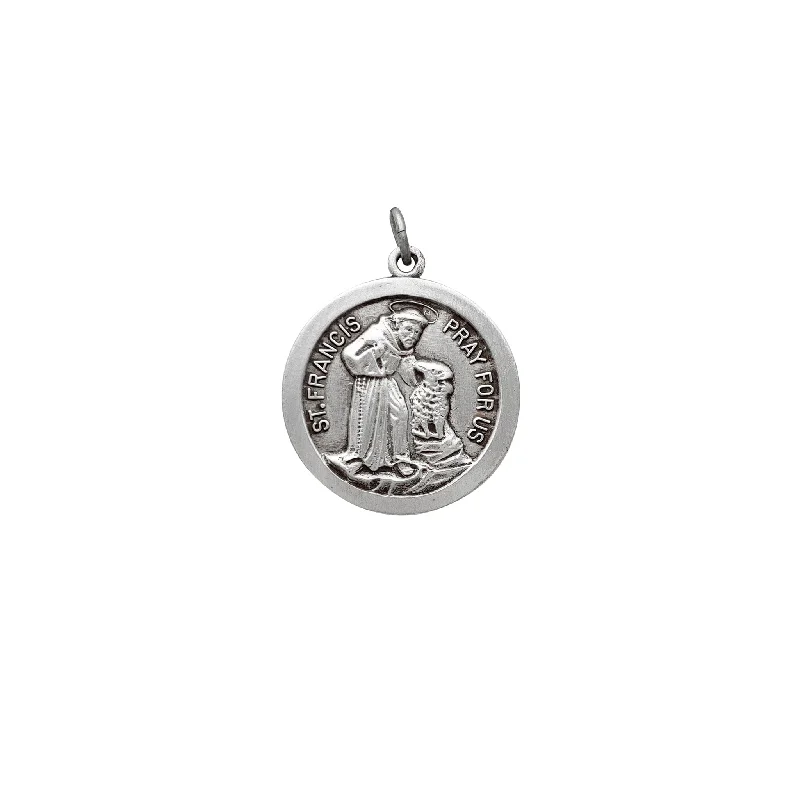 simple gold hoop earrings Brushed-Finish Saint Francis Pray for Us Medallion Pendant (Silver)