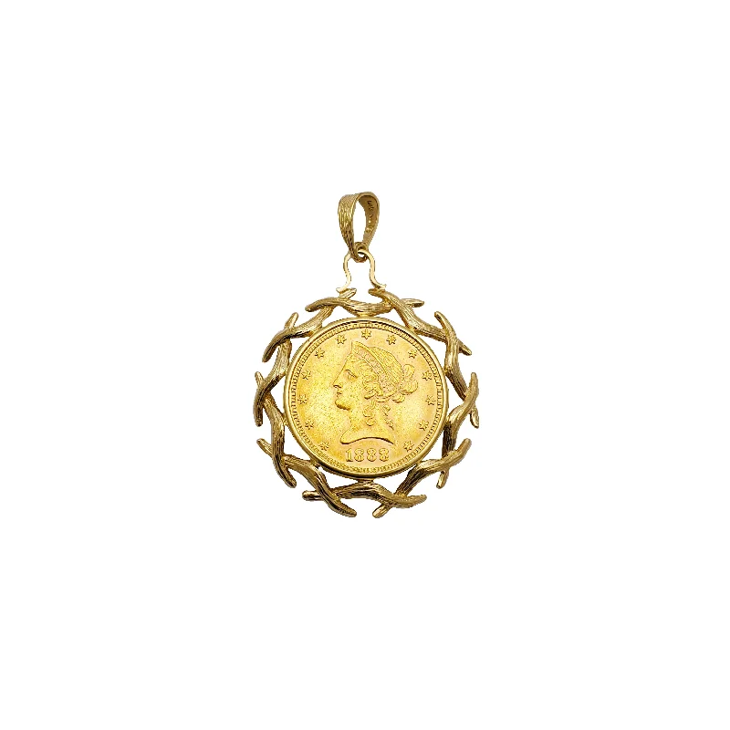 men’s rugged leather bracelet Ten D. Root Frame Gold Coin Pendant 1888 (14K)