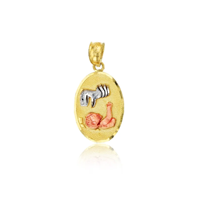 diamond tennis bracelet real Tricolor Baby Jesus & Hand Dangling Oval Pendant (14K) diamond tennis bracelet real Tricolor Baby Jesus & Hand Dangling Oval Pendant (14K)