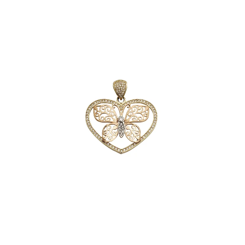 gold engagement ring vintage Tricolor Butterfly CZ Heart Pendant (14K)