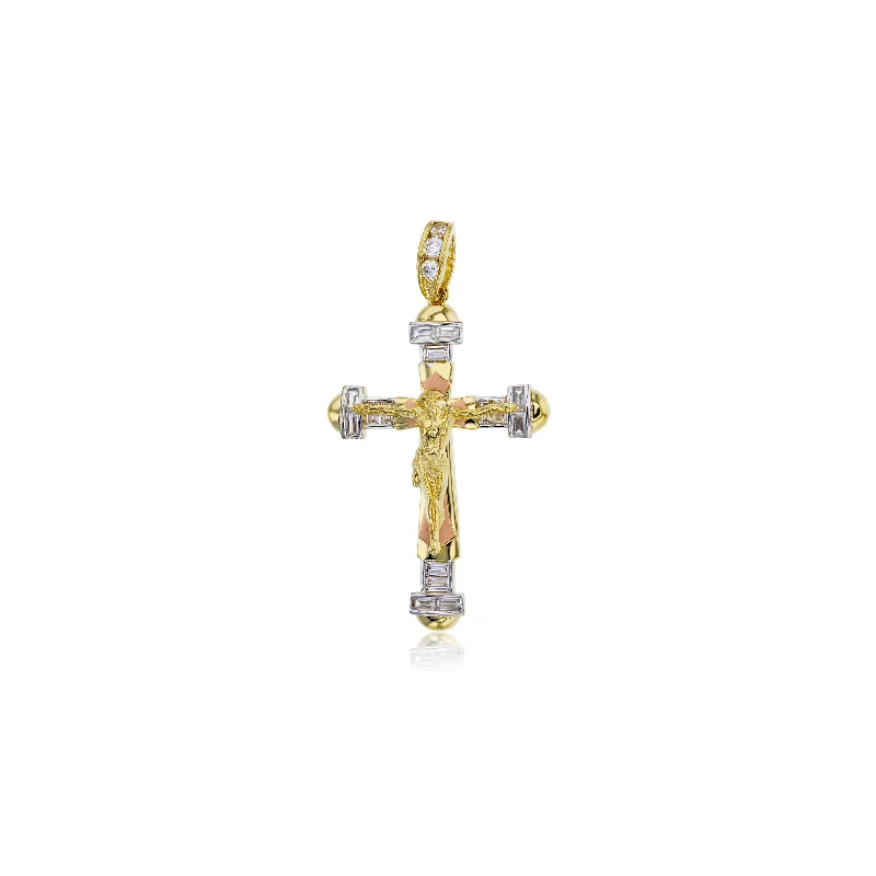 minimalist diamond stud earrings Tricolor CZ Baguette Jesu Cross Pendant (14K)
