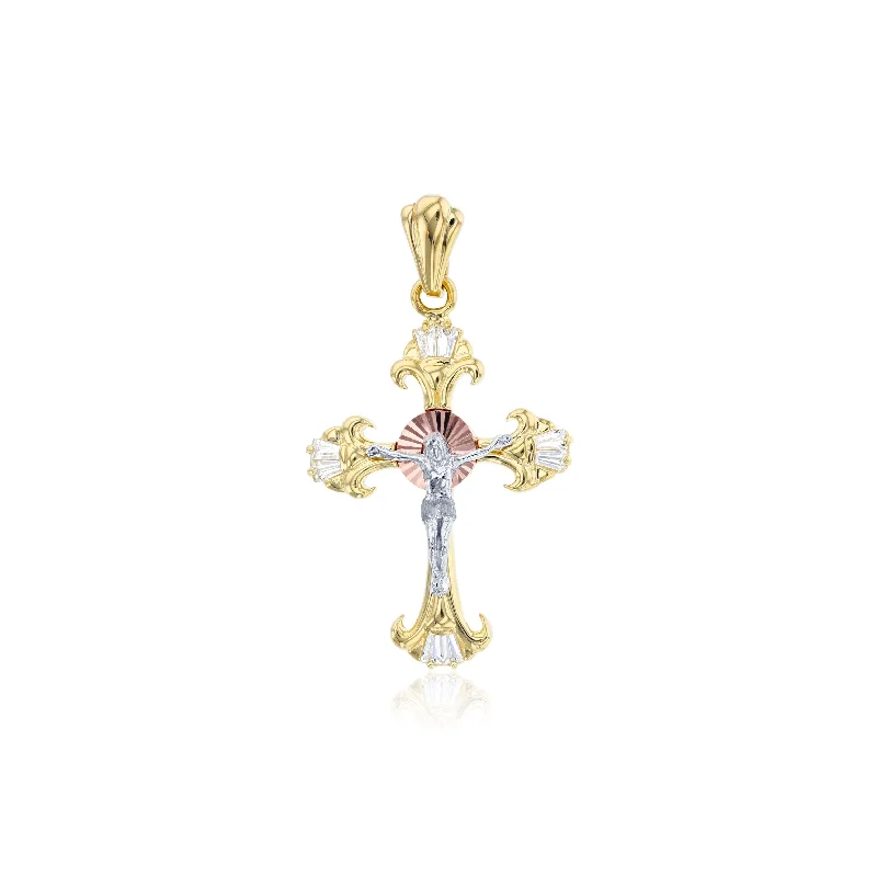 hypoallergenic earrings for sensitive ears Tricolor CZ Jesus Cross Pendant (14K)